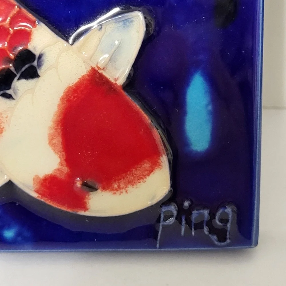 Signed Ceramic Koi Fish Tile By Ping Hand Painted Wall Hanging Raised Design 4x4
